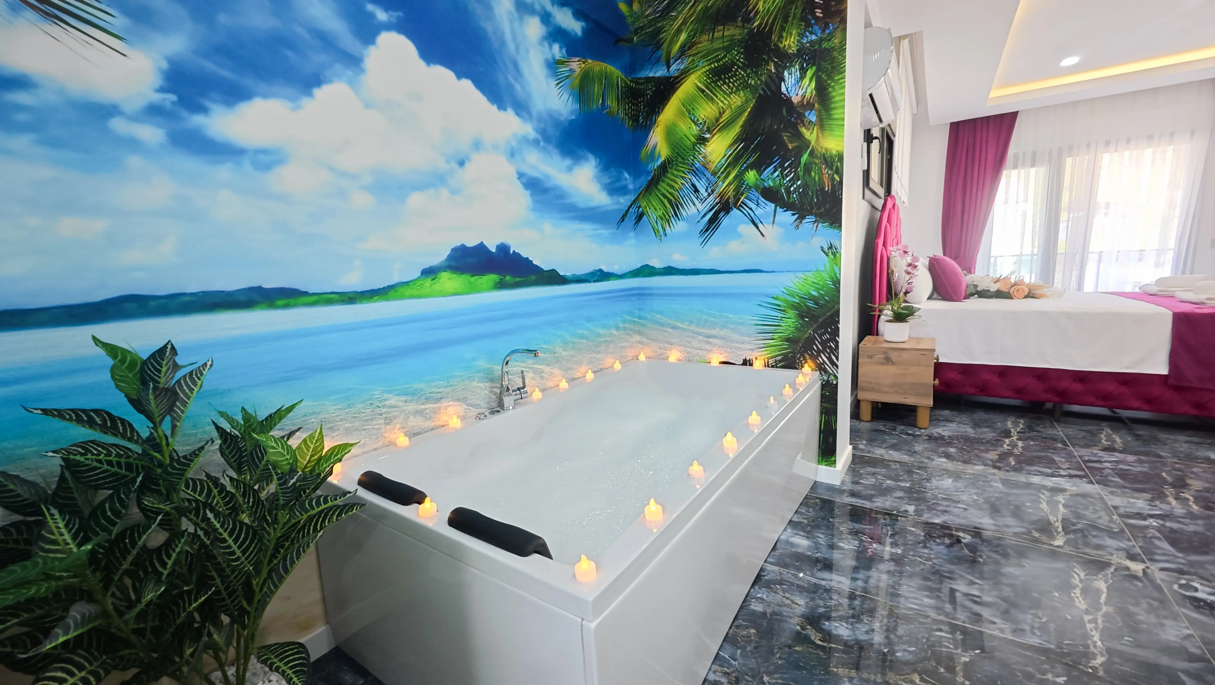 Pembe yatak odasında oturma köşesi